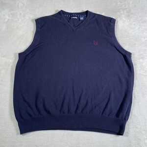 Chaps‎ Sweater Vest Mens XL Navy Blue Pullover V Neck Embroidered Crest Classic